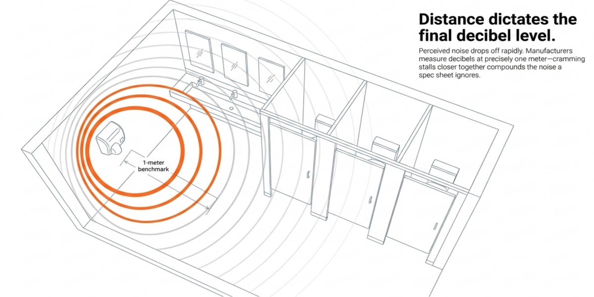 Restroom layout diagram showing hand dryer noise attenuation by distance