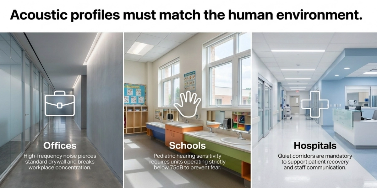 Acoustic requirement comparison for dryer in office/school/hospital spaces